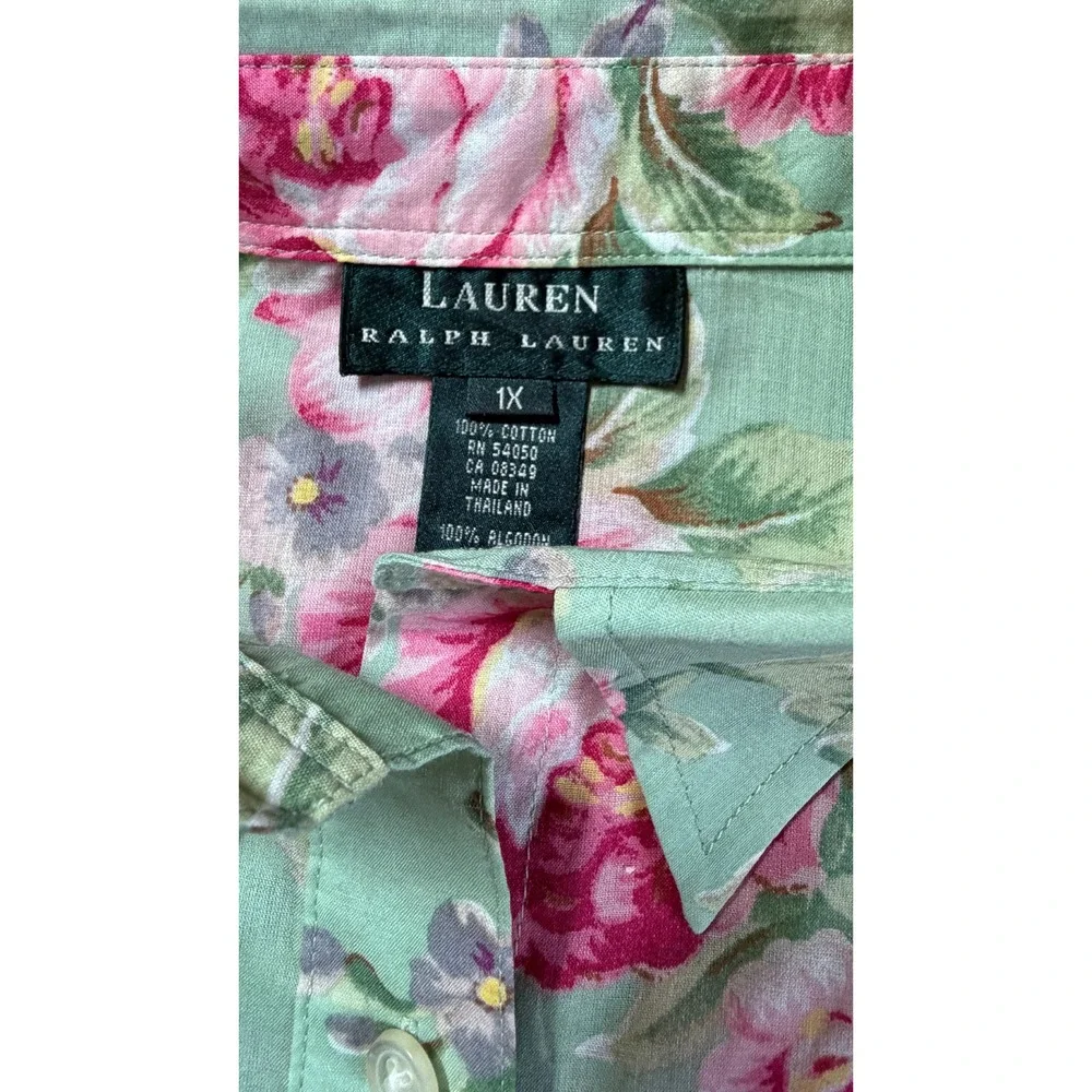 Lauren Ralph Lauren Women 1X Sage Green Pink Rose Floral Cotton Shirt Cottage - Picture 2 of 5